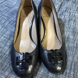 Tory Burch Black Leather Logo Wedges